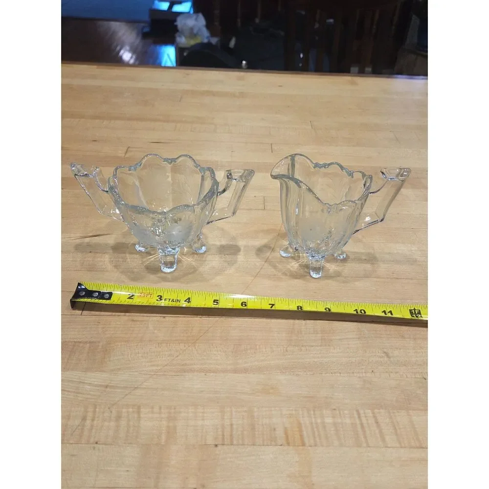 Vintage Clear Glass Etched Floral Creamer and Sugar Bowl Set Four Footed 2 Pcs